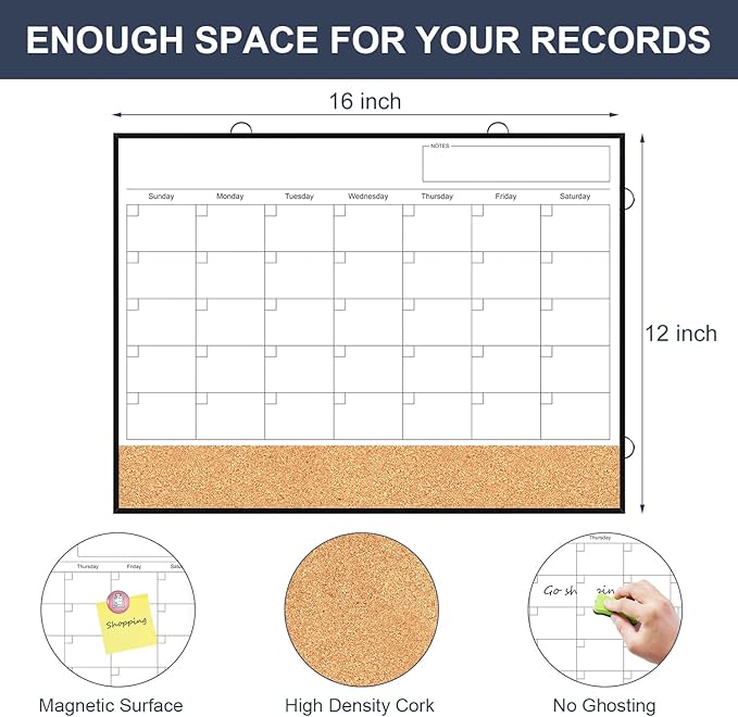 TANKEE Dry Erase Calendar for Wall - 16"X12" Double-Sided Whiteboard Cork Board Como, Small Hanging Magnetic White Board Monthly Calendar for Wall, Home, Office, Kitchen, Planning, School