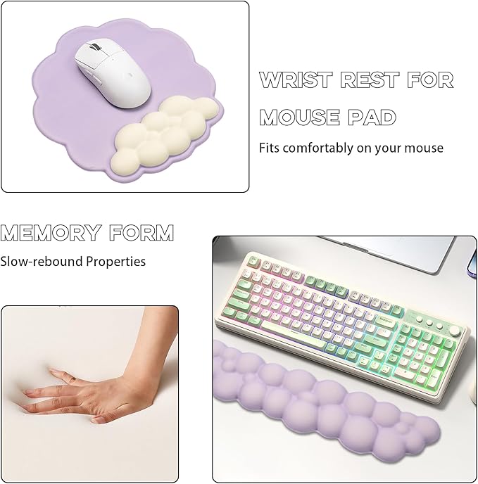 Memory Foam Keyboard Wrist Rest & Mouse Pad Set - Ergonomic Support for Laptop, Mac & PC, Cute Purple Cloud Design, Non-Slip Base for Typing, Gaming, Pain Relief, Comfortable Office Desk Must-Haves