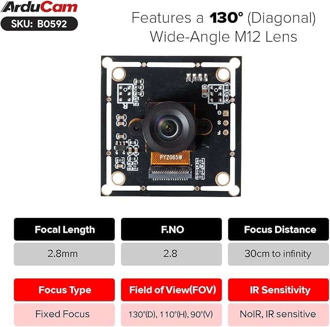 Arducam 120fps Mono Global Shutter USB Camera Module, 800P High Speed UVC Webcam with 130°D Wide Angle M12 Lens, for PC, Laptop, Android Devices & Raspberry Pi