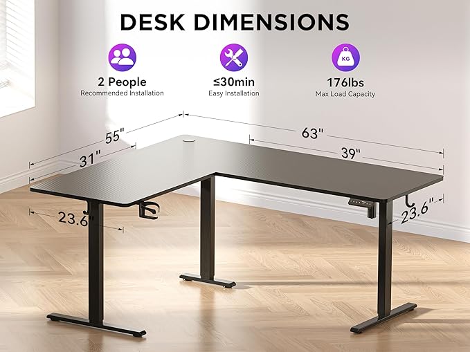 63x55 Inches Reversible L Shaped Standing Desk, Height Adjustable With Cup Holder, Electric Corner Computer Workstation, Sit Stand up Home Office, Ergonomic Gaming, Black