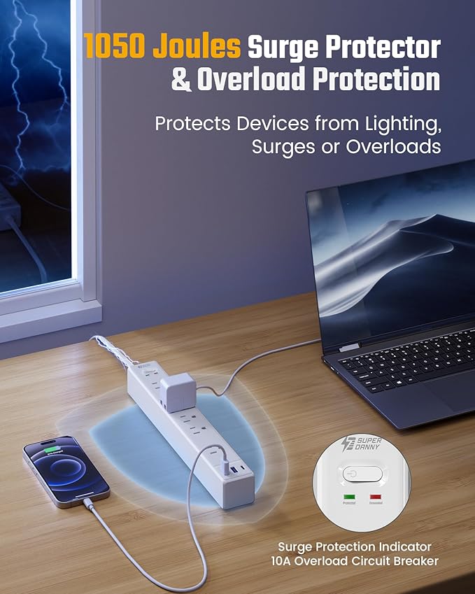 20Ft Long Extension Cord, SUPERDANNY Flat Plug Surge Protector Power Strip 20 Feet, 6 Outlets & 3 USB Ports, Wall Mountable Power Bar for Home Office, Dorm Room