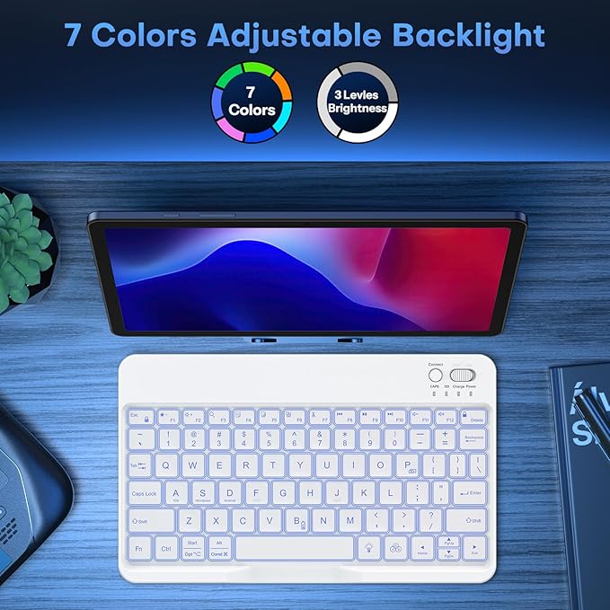 OMOTON Bluetooth Keyboard for Tablet/Android/Windows/iOS, with 7 Colors Backlight Rechargeable Wireless Mini Keyboard for Galaxy Tab A9+ / S9 FE / S10 / S11 / A11 Series etc, White