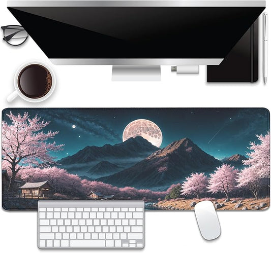 Cherry Blossoms Mountains Moon Desk Pad Mouse Pad,XL Sky Mouse Mat with Stitched Edges for Gift,Non-Slip Rubber Base Mousepad for Office PC Keyboard Laptop and Home Work Desk Mat(31.5X11.8 in)