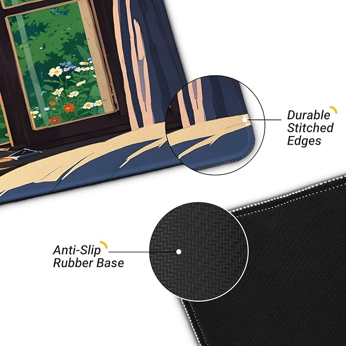 Black Cat Perched on a Windowsill Gaming Mouse Pad with Non-Slip Rubber Base, Large Kawaii Anime Mousepad with Stitched Edges, Long Keyboard Mat for Laptop and Mouse, 31.5 x 11.8 inches