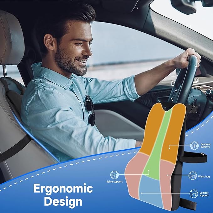 Teemour Lumbar Support Pillow for Car Truck Accessories Memory Foam Back Cushion for Driving Seat Lower Back Support, Lumbar Comfort for Long Drivvers Back Pain Relief, with Three Adjustable Straps