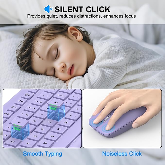 Wireless Keyboard and Mouse Combo, Full-Size Silent Ergonomic Keyboard and Optical Mouse, Long Battery Life, 2.4GHz Lag-Free Cordless Mice Keyboard for Computer, Mac, Laptop, PC, Windows(Purple)