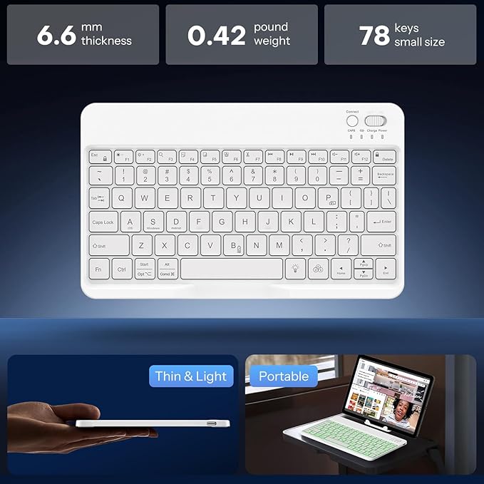 OMOTON Bluetooth Keyboard for Tablet/Android/Windows/iOS, with 7 Colors Backlight Rechargeable Wireless Mini Keyboard for Galaxy Tab A9+ / S9 FE / S10 / S11 / A11 Series etc, White