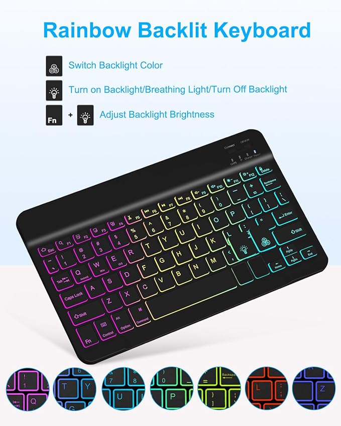 Case with Keyboard for iPad A16 11th 10th Generation 11/10.9 inch,Rainbow Backlit Detachable Keypad Rotatable Magnetic Cover with Pencil Holder for iPad 11 2025 10 Gen 2022 Black