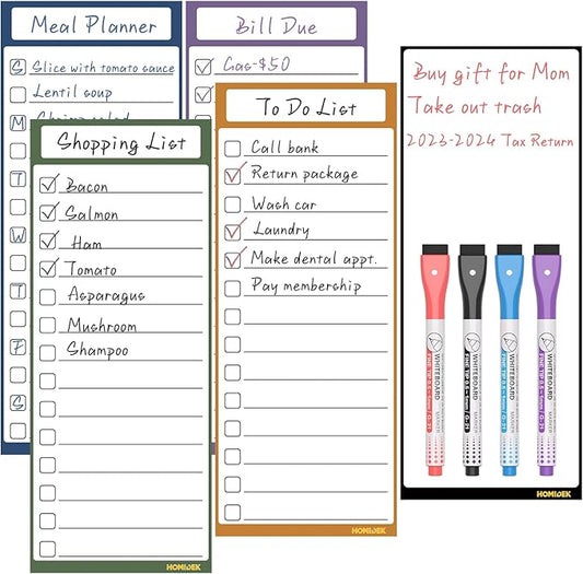 Magnetic Dry Erase White Board - Fridge Whiteboard for to Do List, Daily Menu Board, Dinner Meal Planner, Chore Chart - Grocery Shopping List Scheduled for Fefrigerator with 4 Markers - 4"x10"