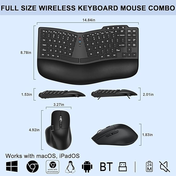 Ergonomic Wireless Keyboard Mouse, Wave Key Bluetooth/2.4G Split Design Ergo Keyboard Mouse Combo with Cushioned Palm Rest, Multi-Device, Rechargeable, for Multi-OS, Windows/Mac
