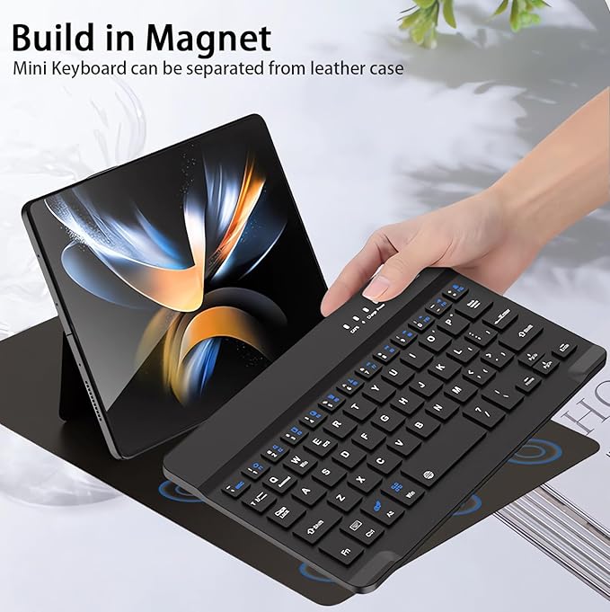 for Samsung Galaxy Z Fold 7 6 5 Keyboard and Mouse, Portable Mini 7.9 inch Bluetooth Keyboard with Leather Stand Case and Pen, 4 in 1 Travel Set for Z Trifold Fold7 Accessories,Black