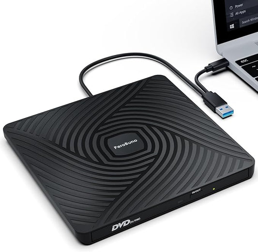 PeroBuno External CD DVD Drive, USB 3.0 Type-C Optical Drive, 0.5-inch Ultra-Slim Portable DVD CD ROM Disc Player Reader Writer Rewriter Burner Recorder for Laptop PC MacBook Windows Linux Mac OS