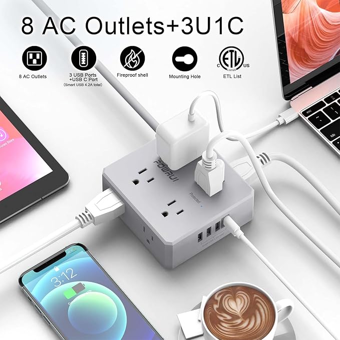 Surge Protector Power Strip - 10 Ft Flat Plug Extension Cord with 8 Widely Outlets and 4 USB Ports(1 USB C), 3 Side Outlet Extender for Home Office, Grey, ETL Listed