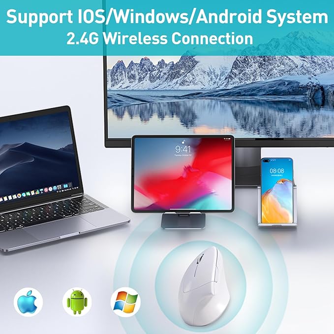 Left Handed Mouse, 2.4G Wireless Left Handed Ergonomic Mouse with 800/1200/1600 Adjustable DPI, 6 Buttons Wireless Vertical Mouse for MacBook/Laptop/PC/Desktop (White)