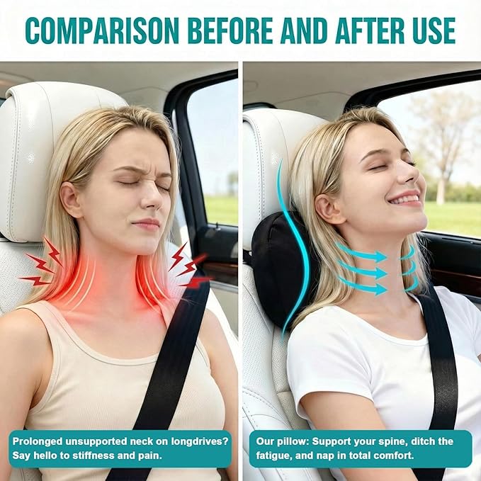 2PCS Car Pillow for Car Neck Pillow for Driving Seat Leather Neck Support Soft Cushion Back Support Head-Rests for Vehicle Sleeping with Elastic Adjustment Strap (Grey, Head)