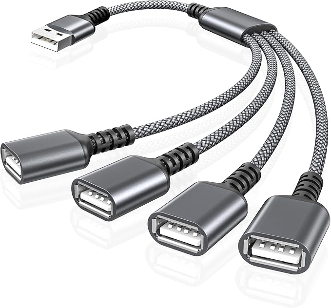 Basesailor USB Splitter 1 In 4 Out 1FT,USB Y Cable,USB A Male to Four Female Extension Cord Adapter,4 Port Multi Multiport Extender Hub,Double Dual Data Power Charger Split For Car,Xbox,PS4,PS5,Laptop