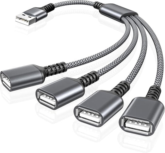 Basesailor USB Splitter 1 In 4 Out 1FT,USB Y Cable,USB A Male to Four Female Extension Cord Adapter,4 Port Multi Multiport Extender Hub,Double Dual Data Power Charger Split For Car,Xbox,PS4,PS5,Laptop