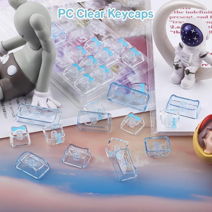 26 Keys Crystal Jelly Personalized Keycaps, PC Material Cute Blue Kawaii Transparent Custom Keycaps, Mao Profile Keycap for DIY MX Swithes Mechanical Keyboards