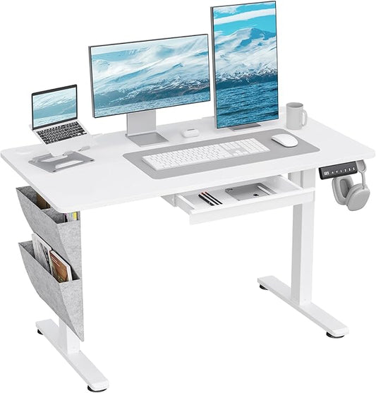 55" x 24" Electric Standing Desk with Drawers, Height Adjustable Sit Stand Desk with 3 Preset Heights Side Hook Storage Pocket Cable Clips Ergonomic Rising Home Office Computer Table, White