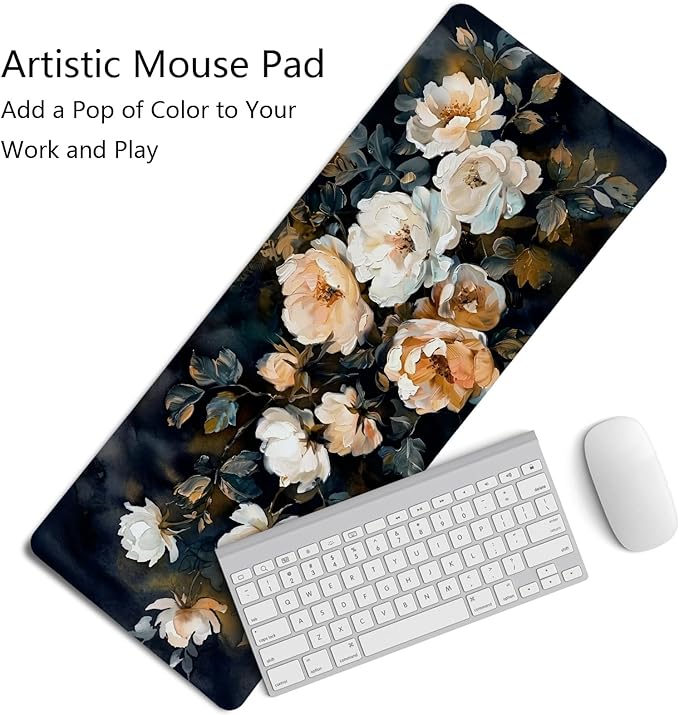Dark Aesthetic Watercolor Floral Mouse Pad,XL Large Vintage Rose Desk Mat,Spring Summer Botanical Mouse Pad,Rustic Botanical Flower Desk Mat for Home Office Dorm Desktop Decor,31.5x11.8 Inch