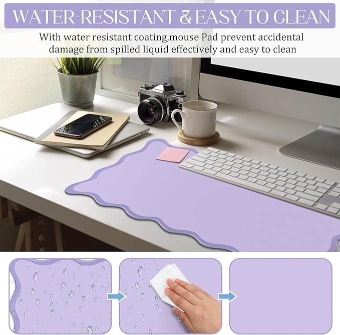 Scalloped Desk Mat Large Scalloped Piping Cute Desk Mat Aesthetic Preppy Table Pad Large Nonslip Pad with Edge Stitching Waterproof Gaming(Purple,31.5 x 15.75 Inches)