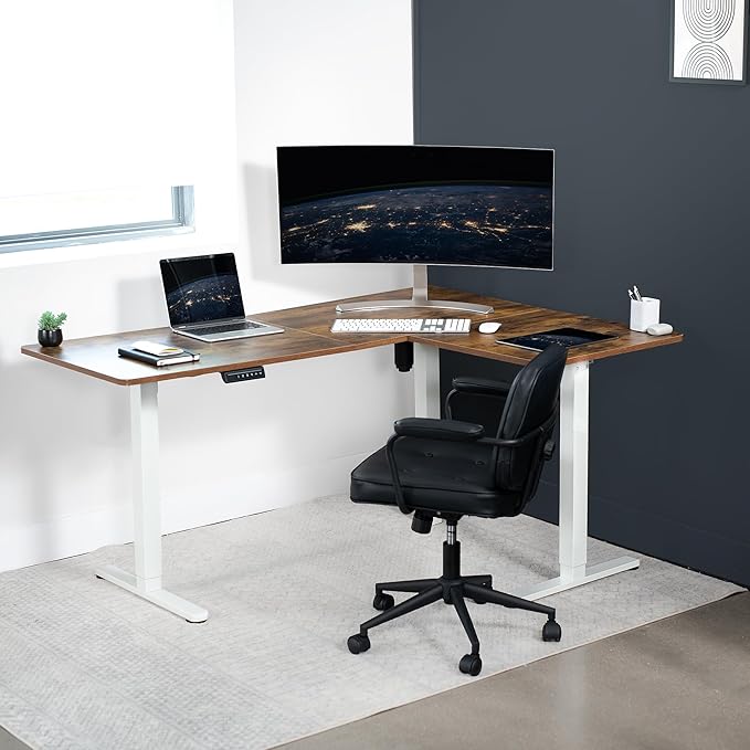 VIVO Corner Standing Desk, 63 x 47 inch Reversible L-Shaped Workstation, Electric Height Adjustment, Home, Office, and Reception Rooms, Rustic Vintage Brown Table Top White Frame, DESK-E3CTWN-47