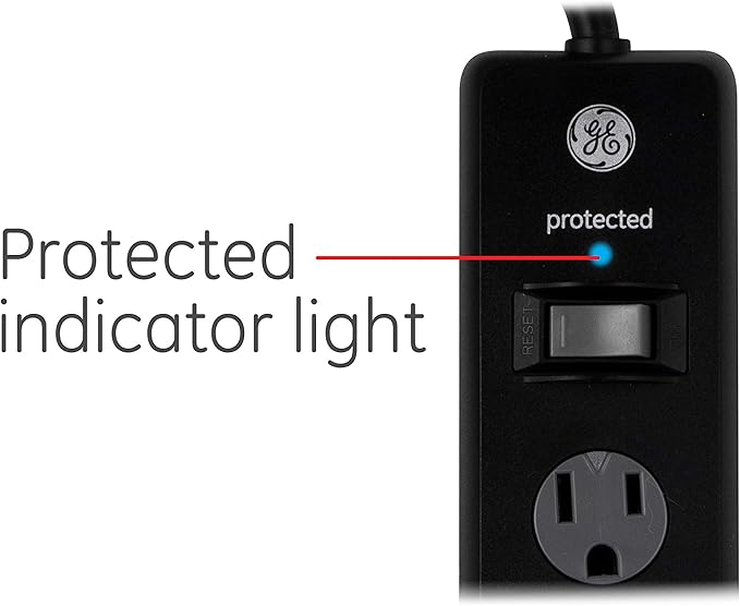 GE Surge Protector Power Strip, 8 Ft Extension Cord, 6 Outlet Extender, 1300 Joules, Flat Plug, Twist-to-Close Safety Covers, ETL Listed, Black, 33662