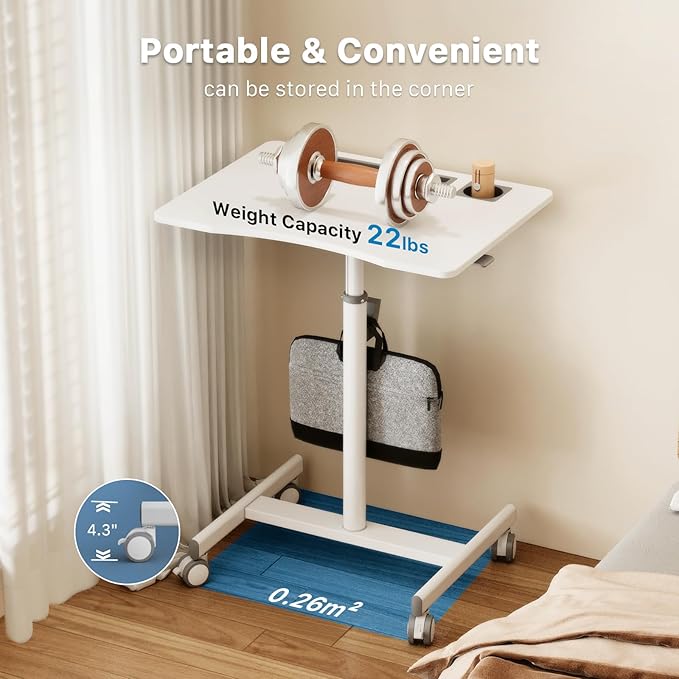 Mobile Standing Desk, 28 inch Rolling Standing Laptop Desk with Cup Holder, Mobile Desk Workstation with Wheels, Portable Computer Desk Cart with Hook for Home Office, White