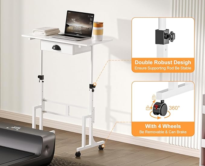Adjustable Height Standing Desk for Walking Pad Treadmill, Portable Rolling Desk for Laptop with Drawer, Small Moblie Sit to Stand Desk On Wheels with Stiffener for Home Office Dorm Bedroom