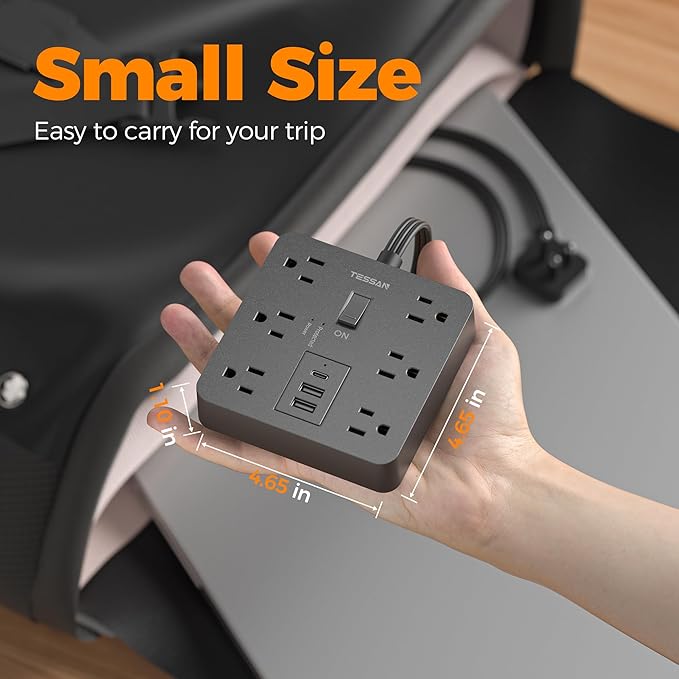 TESSAN Black Surge Protector Power Strip, Flat Plug Extension Cord 5 FT with 6 Outlets 3 USB Charger (1 USB C), 1700J Protection Multiple Outlets Charging Station for Home, Office, College Dorm Room