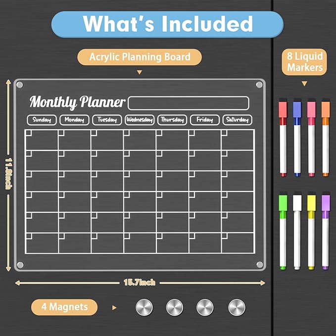 Grtard Acrylic Fridge Calendar Dry Erase Board for Fridge, 2 Pack Acrylic Calendar for Fridges, 16''x12'' Monthly & Blank Clear Magnetic Calendar White Board for Refrigerator with 8 Colorful Markers