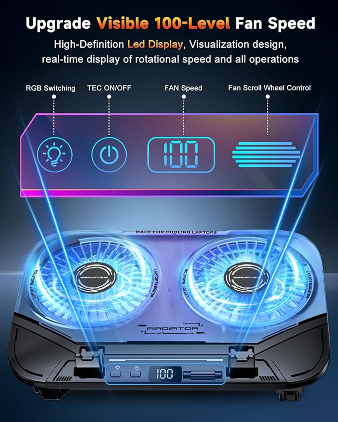 Upgraded Laptop Cooling Pad with Dual TEC Cooler, Gaming Laptop Cooler, 2 Powerful Turbo Fans, Fast Cooling Laptop 12-21in, 5 Height Stands, 100 Gear Speed Adjust, LCD Screen, RGB, Phone Holder