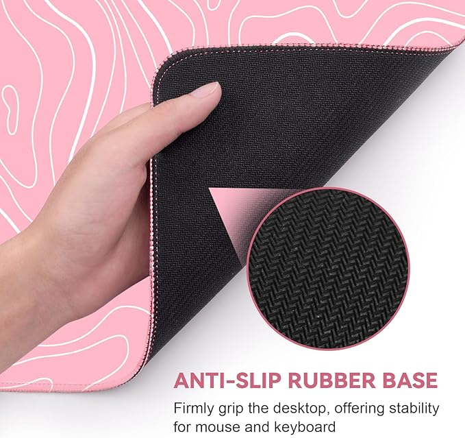 Gaming Mouse Pad 31.5 x 11.8in Large Mouse Pad with Anti-Slip Rubber Base（Pink with White Topographic Line）