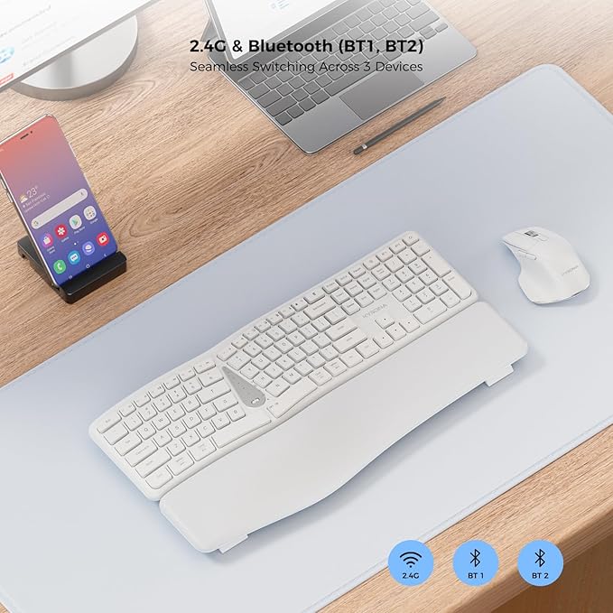 KYSONA Ergonomic Keyboard Mouse Wireless Combo, Full Size Bluetooth Split Keyboard with Wrist Rest, 4 Level DPI Ergo Mouse for Windows Mac OS Computer, White