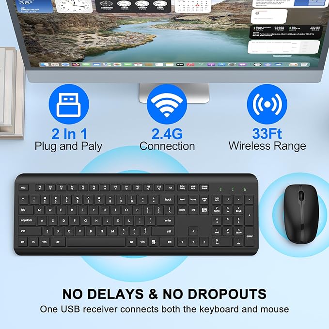 Wireless Keyboard and Mouse Combo, Full-Size Silent Ergonomic Keyboard and Optical Mouse, Long Battery Life, 2.4G Lag-Free Cordless Mice Keyboard for Laptop/Mac/PC/Windows(2 Packs