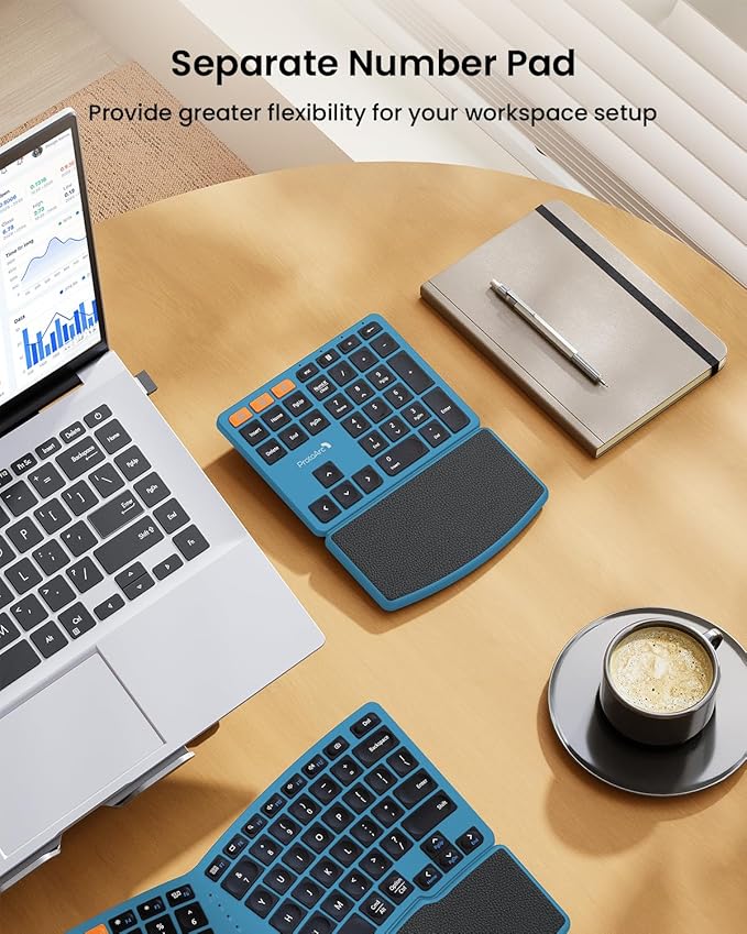 ProtoArc Bluetooth Ergonomic Keyboard, Wireless Split Keyboard with Separate Number Pad, Dual Bluetooth and USB, Hard Wrist Rest, Rechargeable for Windows/Mac/Android - Blue