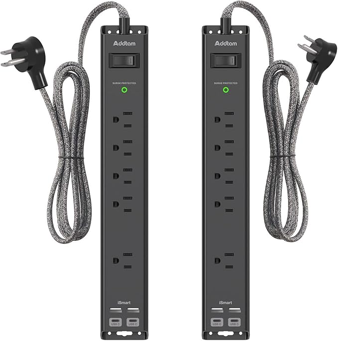 2 Pack Power Strip Surge Protector - 6Ft Extension Cord with 5 Widely Outlets 4 USB (2 USB C) Port, 1875W/15A, Wall Mount, Flat Plug, Desk Charging Station for Home Office College Dorm Room Essentials