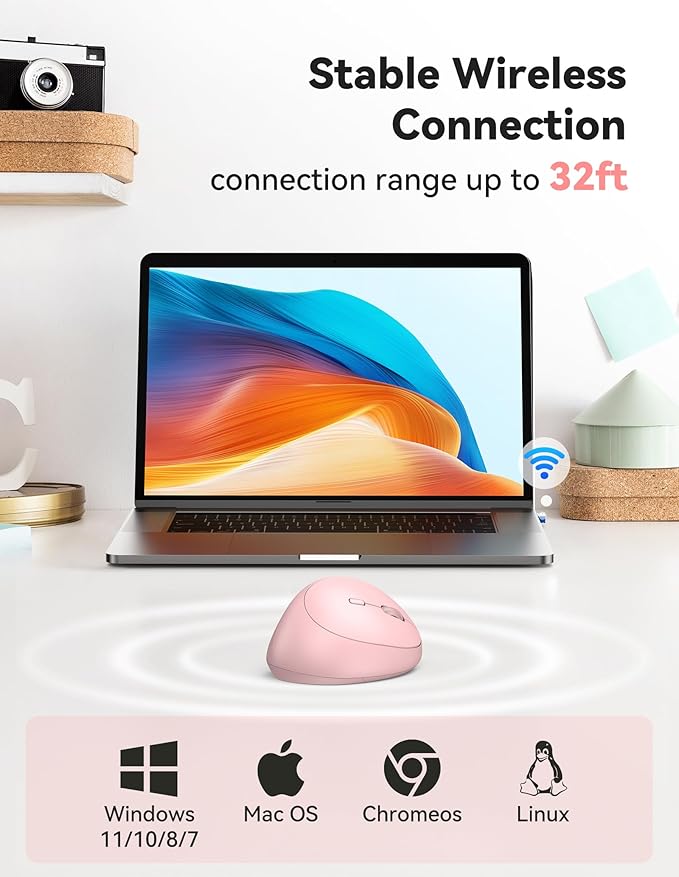 TECKNET Ergonomic Mouse, 4800 DPI Wireless Vertical Mouse, 5 Adjustable DPI Levels, 6 Buttons, 2.4G Silent Wireless Mouse for Laptop, PC, Light Pink