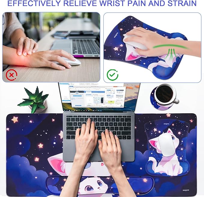 MEGREZ 4-in-1 Ergonomic Memory Foam Wrist Rest Set, Desk Pad, Mouse Pad with Wrist Rest, Keyboard Pad, Suitable for Office Workers, Programmers & Gamers–Relieve Typing & Gaming Fatigue, Blue Purple