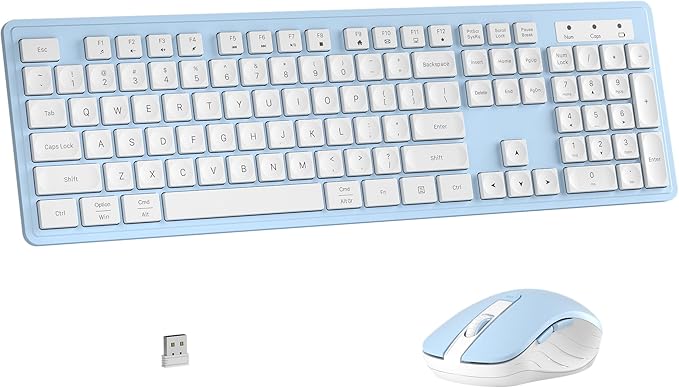Wireless Keyboard and Mouse Combo, Full-Size 104-Key Office Keyboard with 15 Function Keys, Numeric Keypad, Single USB Receiver, Compatible with PC and Laptop(Blue White)