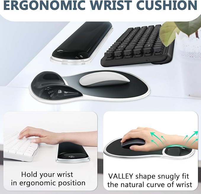 AKIT Ergonomic Mouse Pad with Wrist Rest& Keyboard Wrist Rest, Wrist Rest for Computer Keyboard, Pain Relief, Non-Slip Gel Base, Mousepad Wrist Support for Gaming, Office, Waterdrop Shaped Black