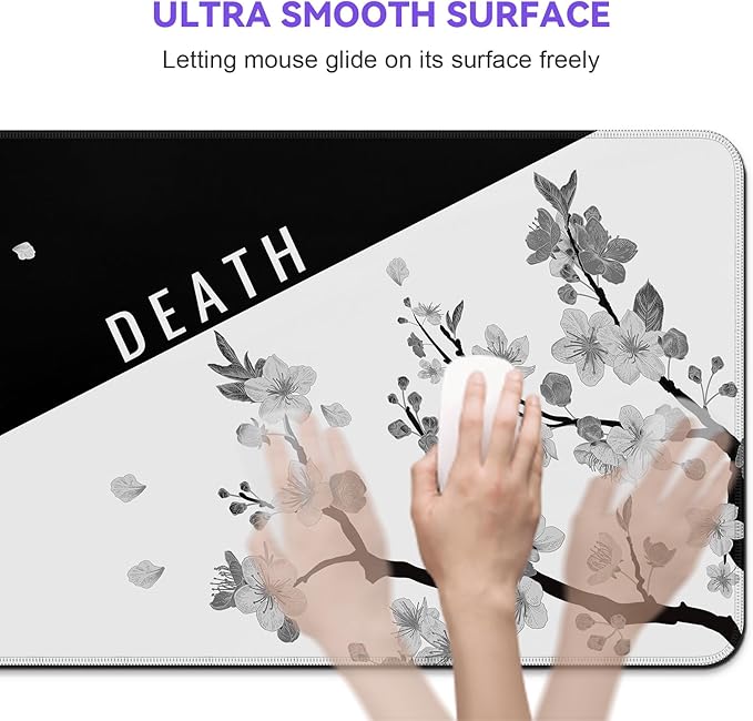 Mouse Pad Gaming Keyboard Pad 31.5 x 11.8 in Gaming Mouse Pad with Anti-Slip Rubber Base and Stitched Edges, Japanese Life Death Keyboard Mat(Black with White Cherry Blossom)