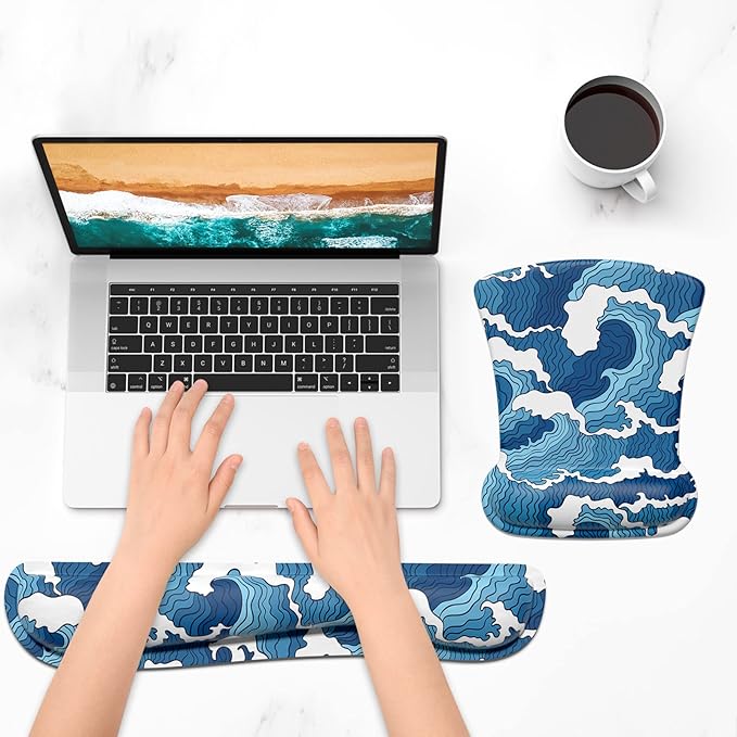 ITNRSIIET Mouse Pad Wrist Support Keyboard Wrist Rest Pad Ergonomic Mousepad Non-Slip Memory Foam Keyboard Pad Easy Typing Pain Relief Perfect for PC Laptop Gaming Office,Japanese Style Waves