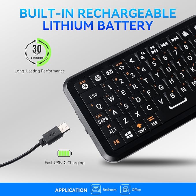 Mini Keyboard with Dual-Mode 2.4G/Bluetooth Wireless Keyboard, Ultra-Slim and Portable,Air Mouse Gestures,RGB Backlit,Compatible with Smart TVs/PCs/Tablets/Phones (iOS/Android/Win/Mac)