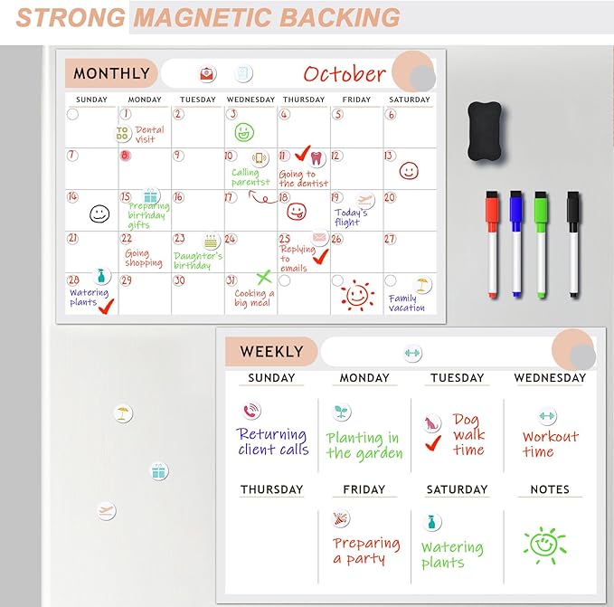 ARVOK 2 Pack A3 Magnetic Calendar for Refrigerator - 16.5"x11.6" Reusable Weekly & Monthly Planner Dry Erase Fridge Calendar Whiteboard with 4 Markers, 16 Magnets & Eraser for Family Schedule, Meal Menu, To-Do List