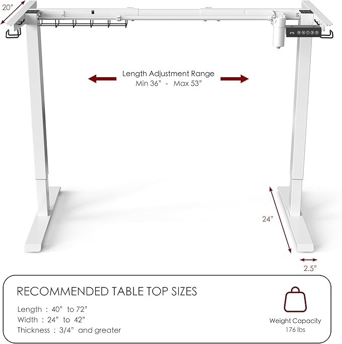 SHW Premium Electric Standing Desk Frame – Height Adjustable Motorized Base for 40" to 72" Table Tops, Smooth Lift Sit-Stand Frame for Home or Office, White