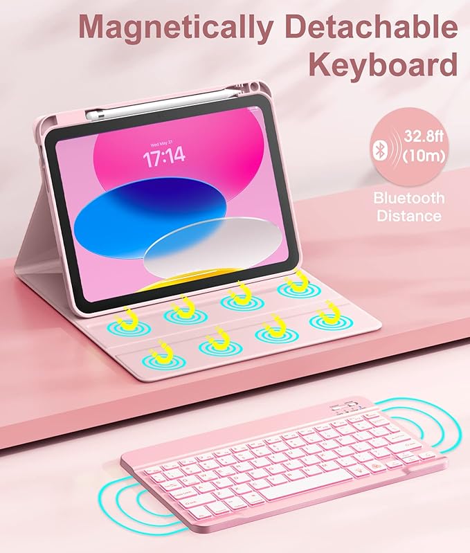 Hamile for iPad 11th 10th Generation Case with Keyboard - 7 Colors Backlit Wireless Detachable Folio Keyboard Cover with Pencil Holder for iPad 11-inch A16 2025 10th Gen 10.9 Inch 2022 (Light Pink)