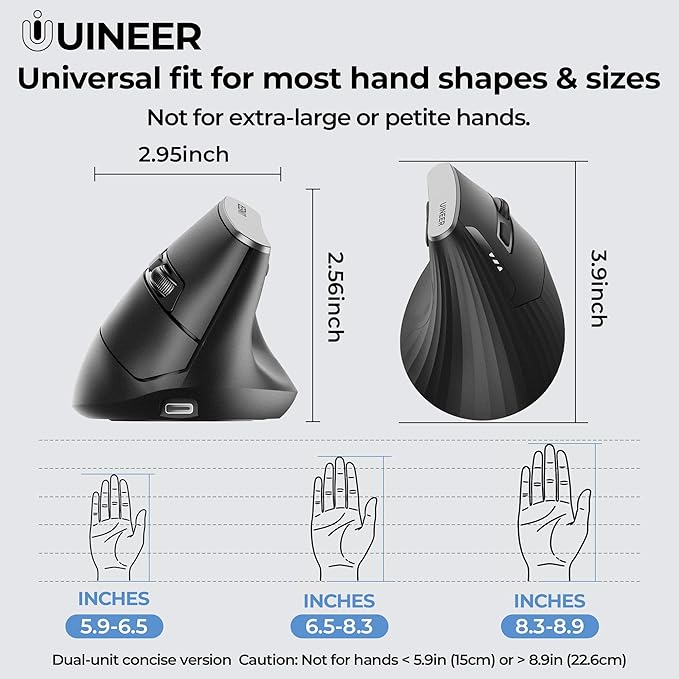 Uineer Wireless Ergonomic Mouse, Rechargeable Vertical Mouse 2.4G with USB-A Receiver, 2400 DPI Optical Tracking Mice, Quiet Clicks, 6 Buttons, Ergo Cordless Computer Mouse for Windows/Mac/Laptop