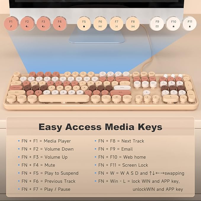 KNOWSQT Wired Computer Keyboard - Milk Tea Colorful Retro Full Size Round Keycaps Plug and Play Typewriter Cute Keyboards for Windows, Laptop, PC, Desktop, Computer