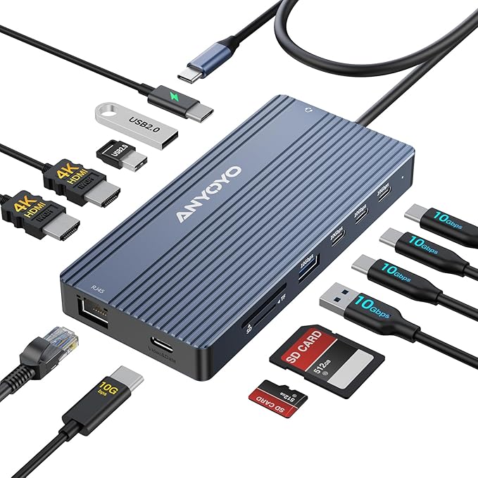 USB C Docking Station, 14 in 1 USB Hub for 3 Monitors, Dual 4K@60Hz HDMI & USB-C Video, 4xUSB-C(10Gbps), 3X USB-A, Ethernet, SD/TF & 3.5mm Audio Jack,100W PD – Multiport Adapter for/HP/Dell/Lenovo